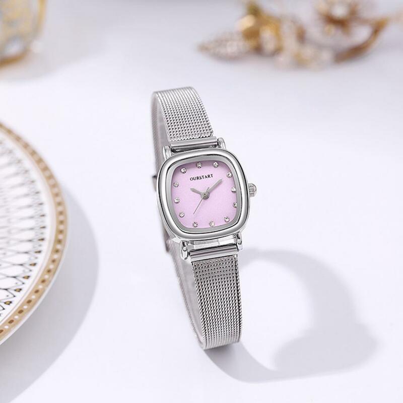 Relógio de pulso feminino com strass quadrado, malha banda, elegante, minimalista, quartzo, movimento, senhoras