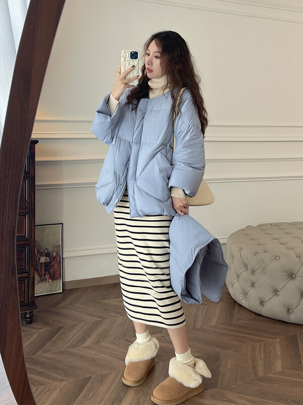 Winter Fashion down Feather Scarf Short Milk Blue down Jacket Coat for Women