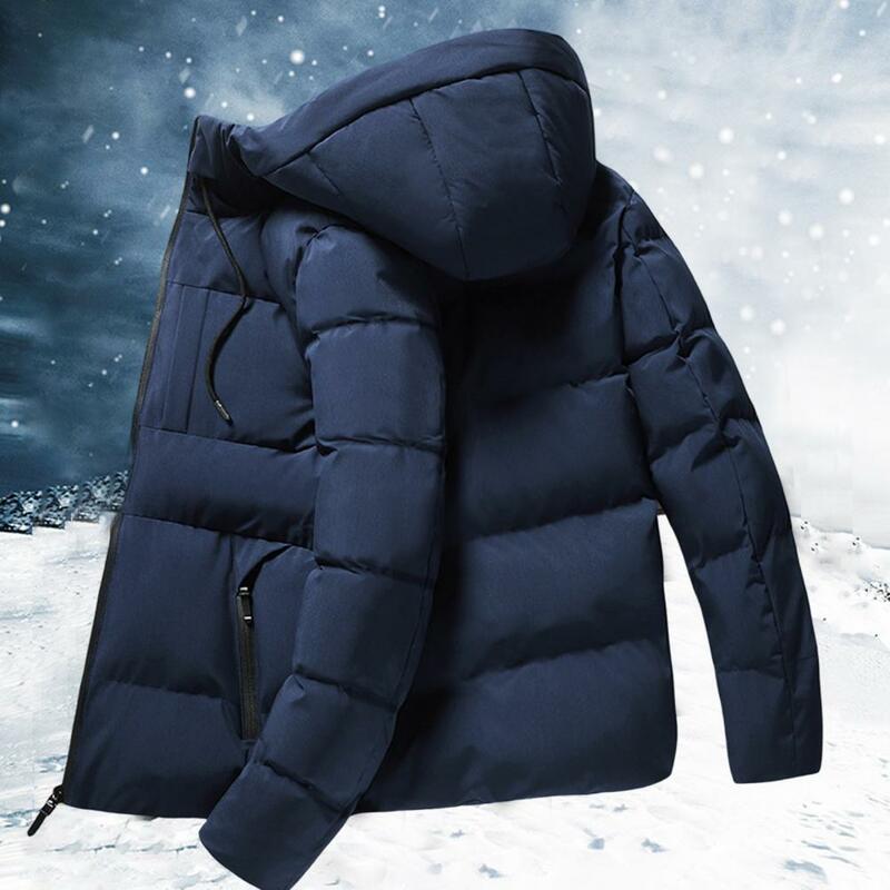 Jaket katun bertudung lengan panjang pria, jaket bertudung tahan angin warna polos empuk isi ritsleting musim dingin