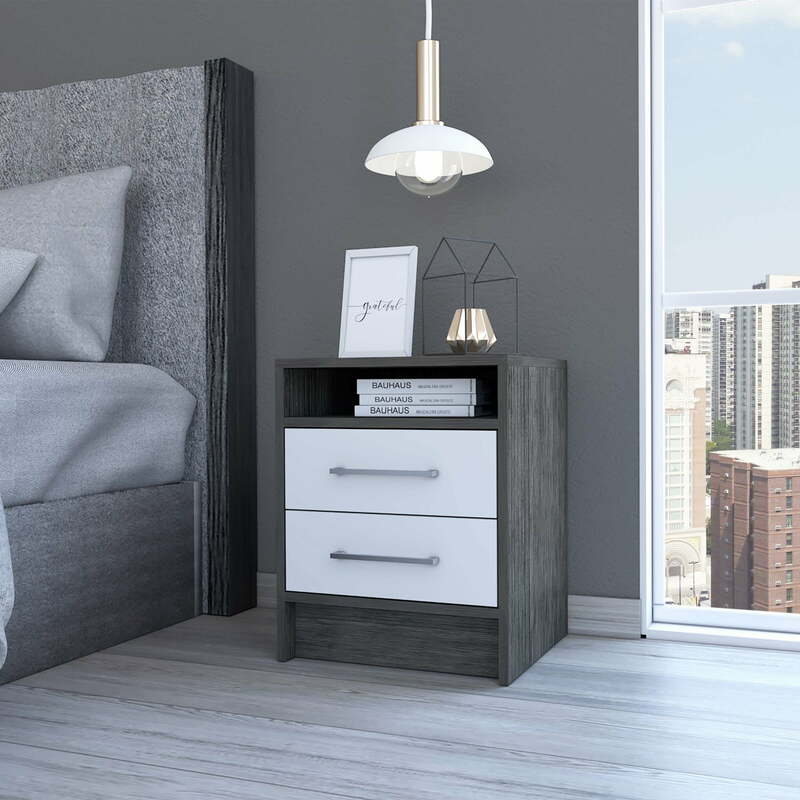 Boahaus Malaga Modern Nightstand, White-Gray Painted, 2-Drawers, for Bedroom