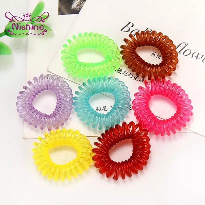 Nishine 100pcs/lot Fashion Rubber Band Headwear Spiral Shape Elastic Hairbands Solid Color Plastic Telephone Wire Kids Accessory