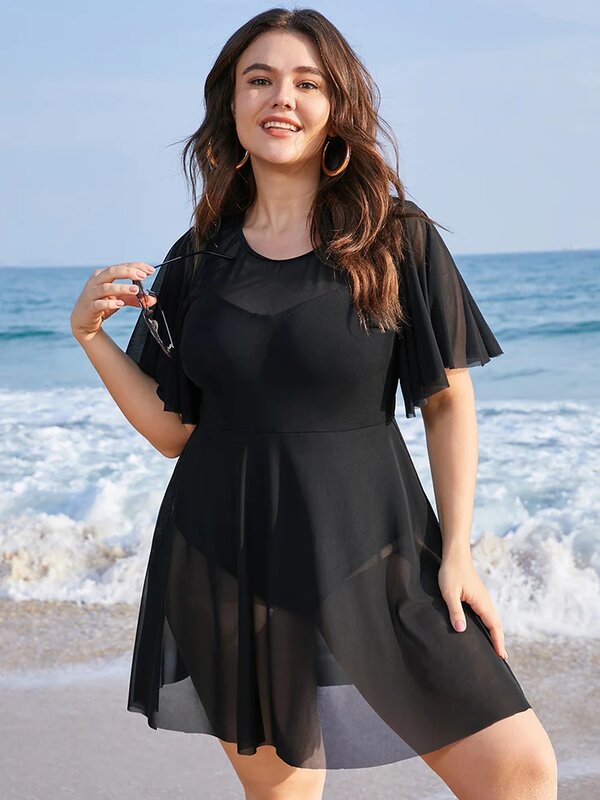 Um pedaço barriga controle Swimwear vestido feminino, plus size, patchwork de malha sólida, plissado manga, cobrir vestido de natação, maiô gordinho