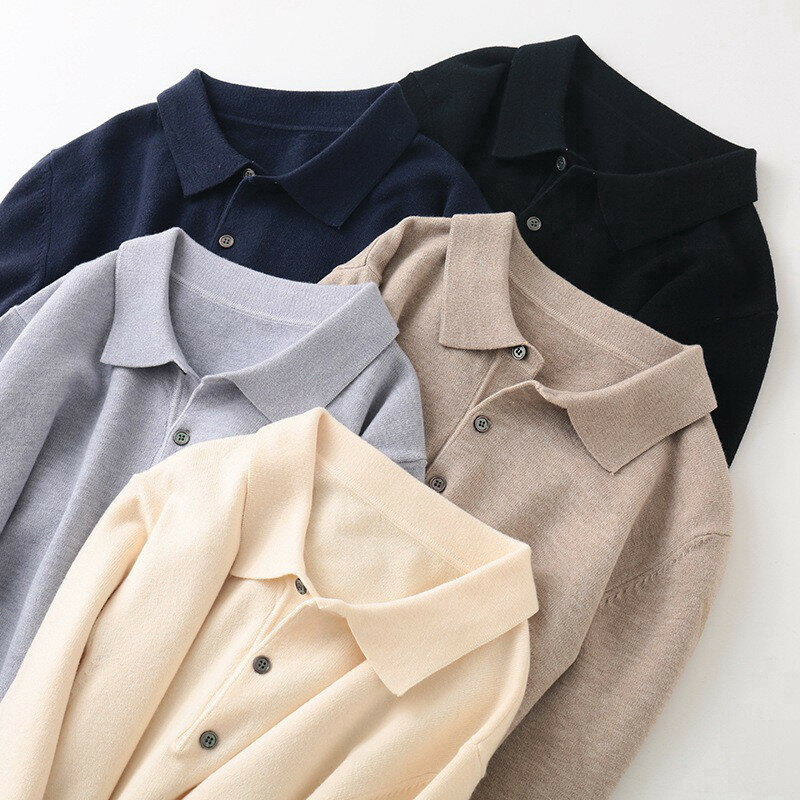 Suéter de malha de caxemira masculino, pulôver com gola polo, camisa inferior, gola flip, tops de botões, roupas novas, primavera, outono, 2022