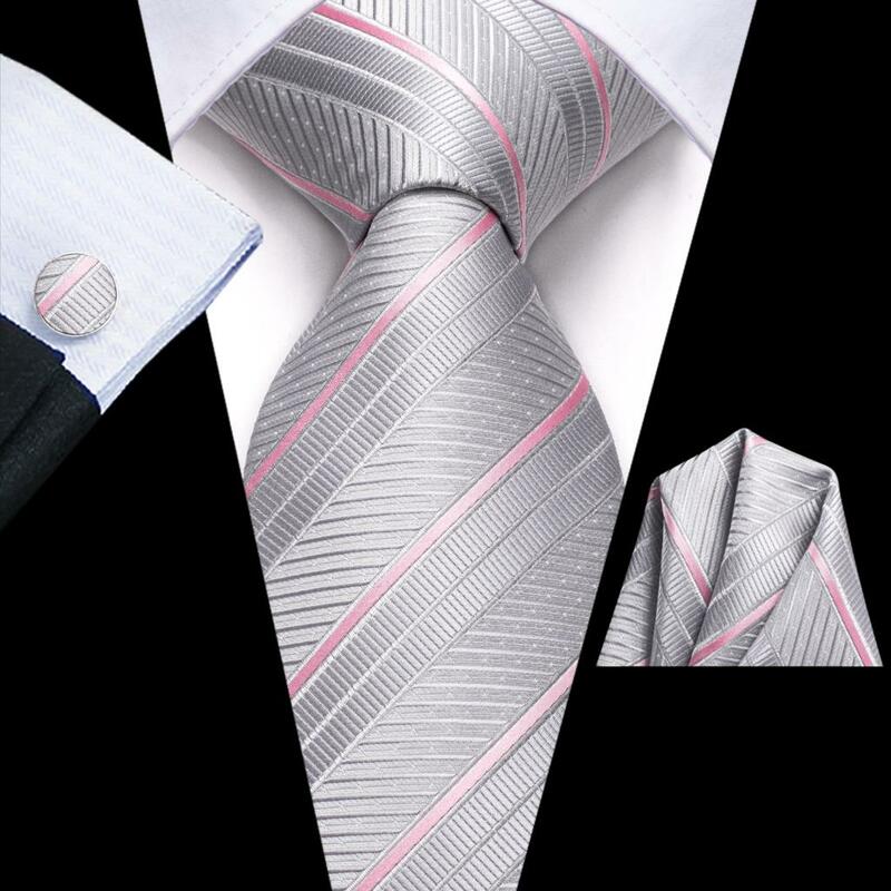 Striped Silver Pink Silk Wedding Tie For Men Handky Cufflink Gift Men Necktie Fashion Business Party Dropship Hi-Tie Designer