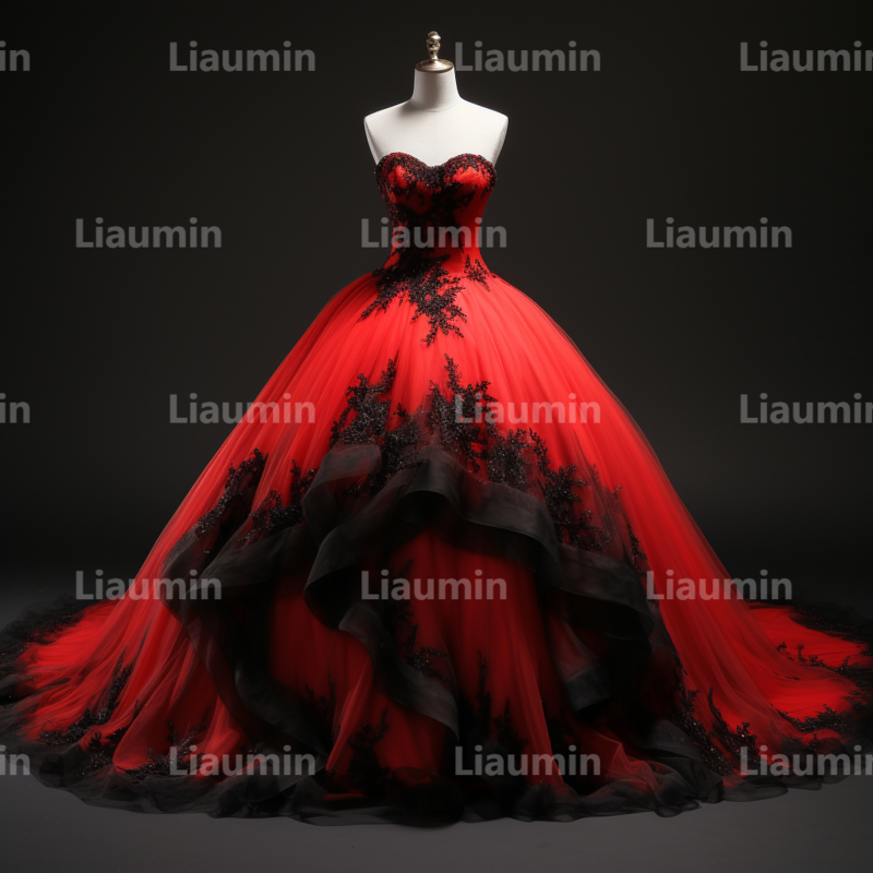 Red Tulle Black Applique Strapless Evening Dress Prom Gowns Floor Length Formal Princess Brithday Party Clothing Lace Up  A2-8