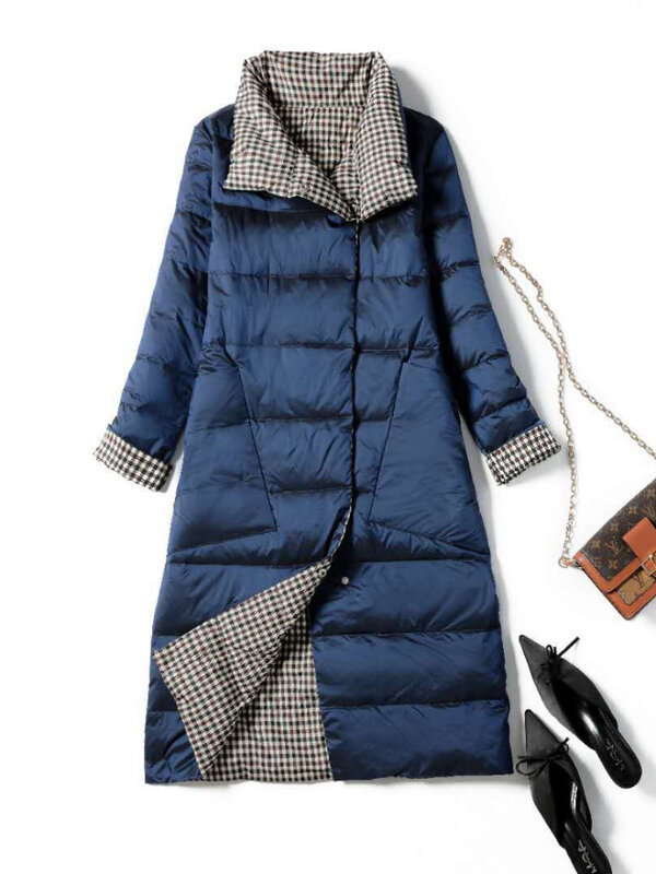 Winter Long Womens White Duck Down Coats Jackets Ultra Light Coat Thin Double Sided Plaid Loose Puffer Jacket Plus Size 5XL Q571