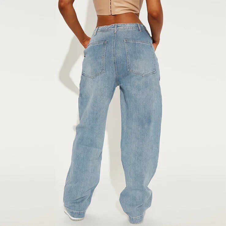 Celana Jeans sobek untuk wanita, celana panjang kaki lebar pinggang tinggi motif kartun Musim Semi 2024 untuk wanita