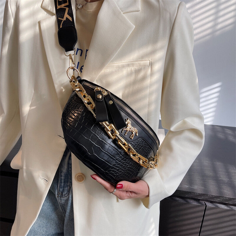 女性用クロコダイル付き厚手のチェーンクロスオーバーバッグ,チェストバッグ,ワイドストラップ