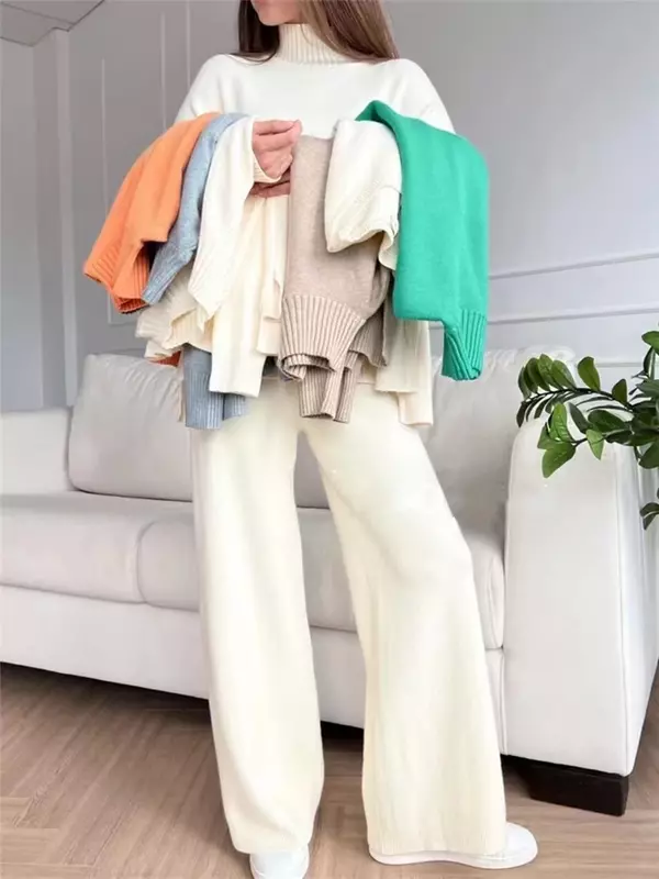 Женская трикотажная спортивная одежда NMZM из двух предметов, свитер с высоким воротником и прямые штаны для бега на осень и зиму