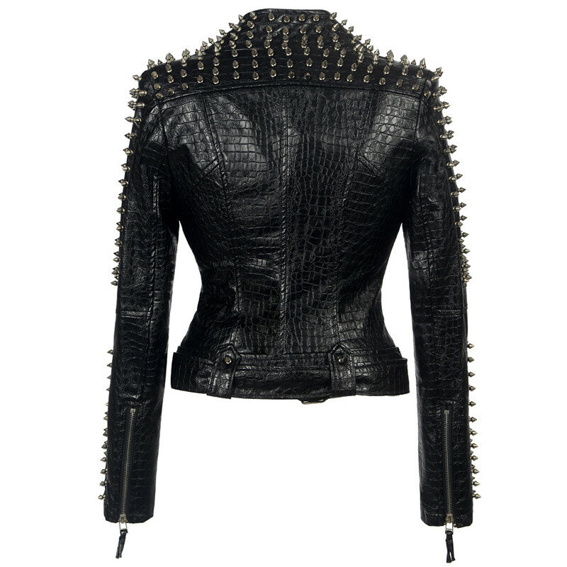 SX Occident Fashion Women Club Hot Style Stud Slim Fit Jacket Shoulder Rivets Zip Stitching Short PU Leather Rock Coat