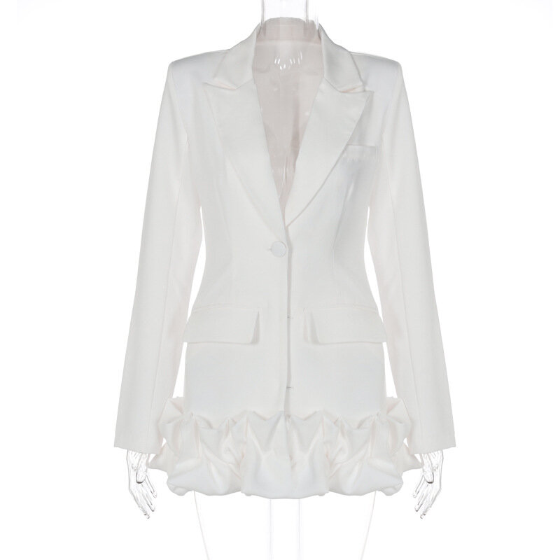 White Long Sleeve Pocket Buttons Shoulder Pads Ruffles Oversized Blazer Coat 2023 Fall Winter Fashion Streetwear Party