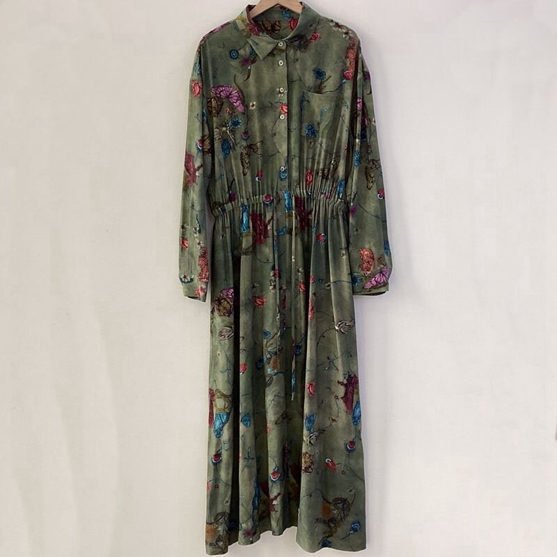 Dressed Women's Spring 2024 New Ink Green Printed Long sleeved Long sleeved Elegant Women's Dress