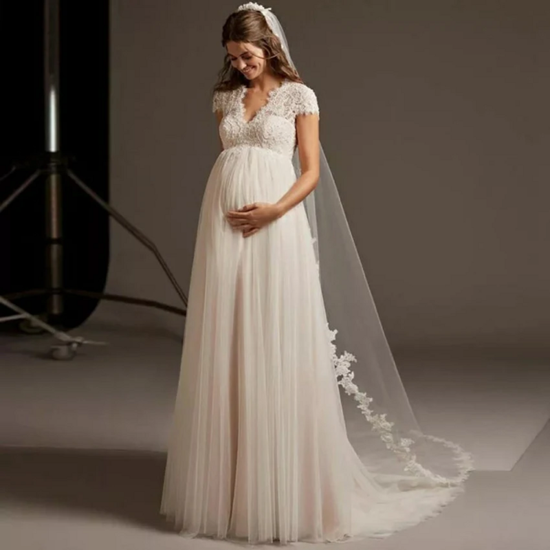 Unique A Line Wedding Dress Tulle Pregnancy Maternity V Neck Plus Size Bridal Gown Cap Sleeve Lace Applique Robe De Mariée