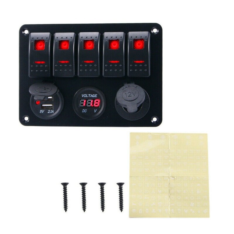 Interruptor basculante LED de circuito impermeable de 5 bandas, interruptor de Panel para RV, coche, barco marino, con pegatinas de brillo nocturno
