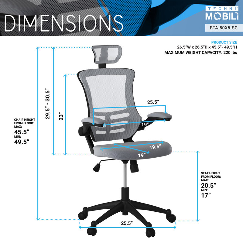 Moderner silberner grauer Bürostuhl aus Mesh mit hoher Rückenlehne, Kopfstütze und hoch klappbaren Armen von technic mobili, stilvoll und ergonomisch