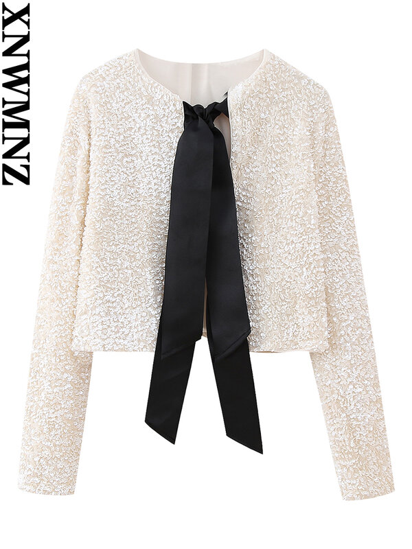 XNWMNZ moda donna 2023 giacca con paillettes tie-front donna high street o collo a maniche lunghe nastri larghi in grosgrain cappotto chic femminile