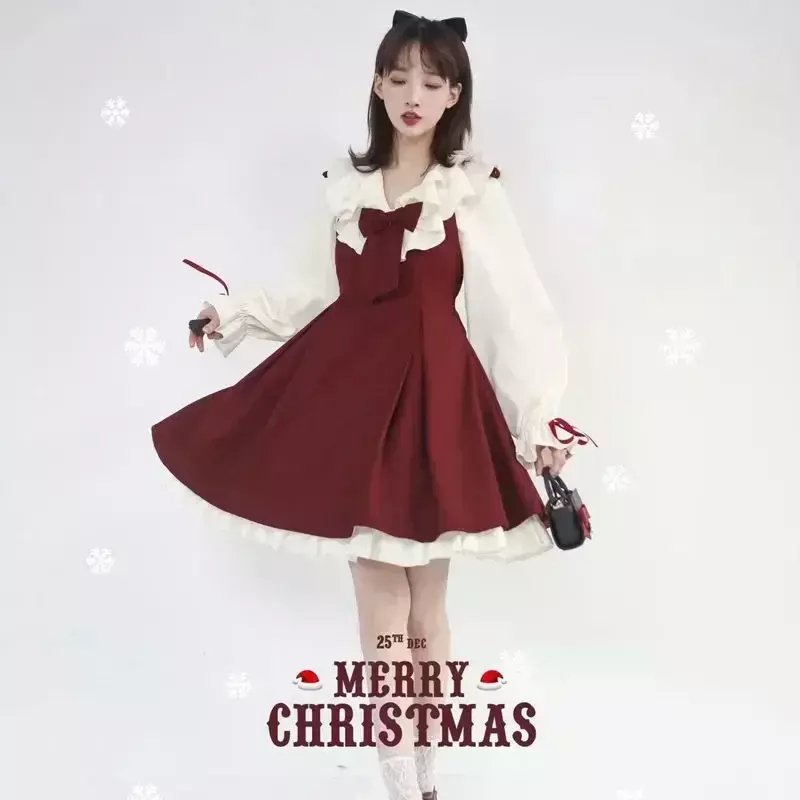 2023 Autumn Winter College Style Elegant JK Uniform Suit Female Sweet Retro Bow Strap Dresses Christmas Party Red Lolita Dress