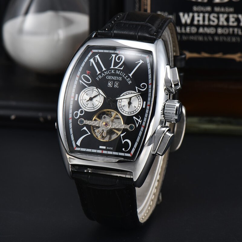 Relojes mecánicos automáticos de lujo para hombres, reloj de pulsera con esqueleto de Tourbillon, Tonneau