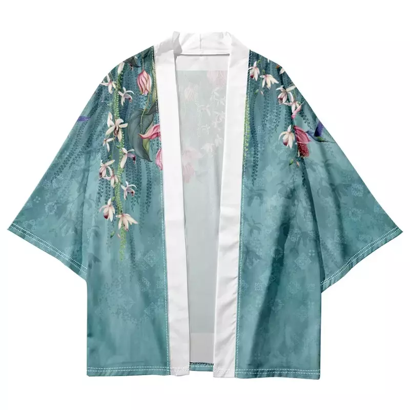 Kimono azul japonés con estampado de flores para mujer, cárdigan Yukata tradicional, ropa asiática Haori, talla grande, Verano