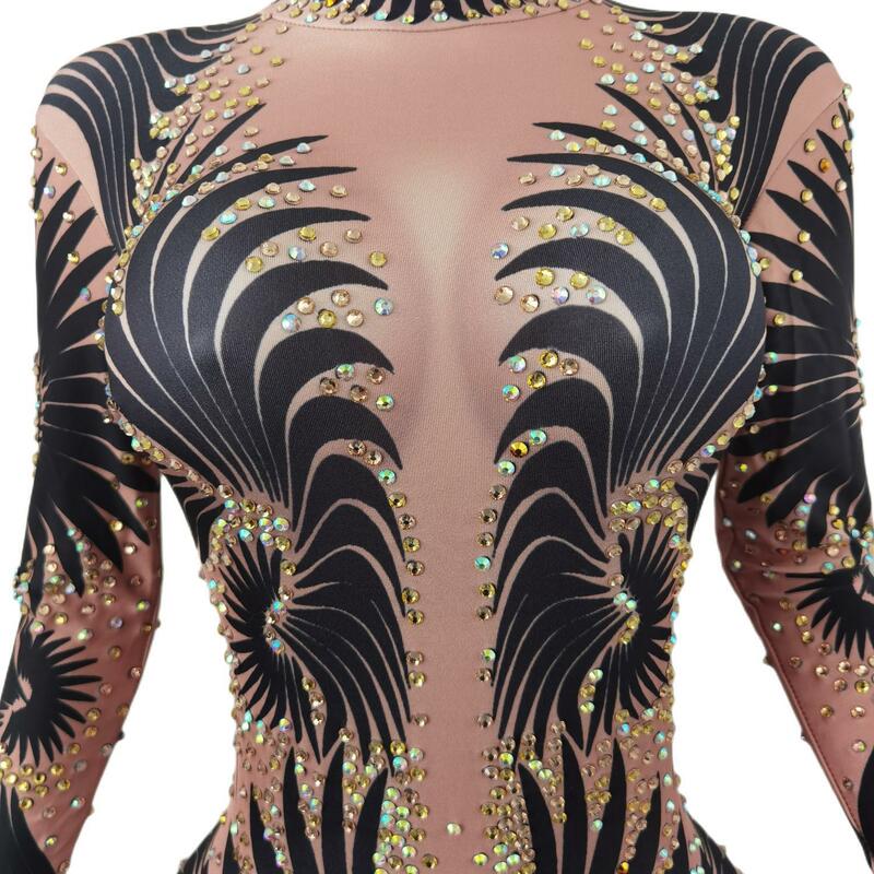Sparkly Stone Feather Print Jumpsuit Mulheres Sexy Birthday Party Bodysuit Prom Dresses Pole Dancer Performance Costume Feibiao