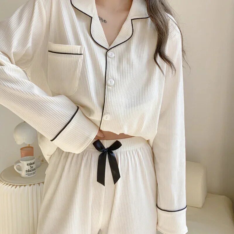 Pijama de algodón de manga larga para Mujer, ropa de Dormir de salón, color blanco liso, para dormitorio y hogar