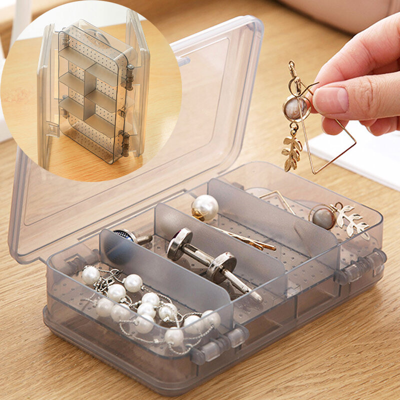 Caja de almacenamiento de joyas transparente de doble capa, organizador de pendientes con múltiples rejillas, vitrina portátil de almacenamiento, 10 compartimentos
