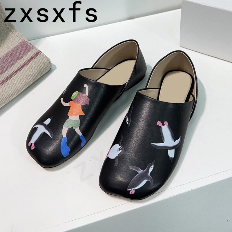 New Black Genuine Leather Flats Round Toe Mule Shoes Low Heels Leisure Outwear Fashion Bowknot Shoes For Women 2024