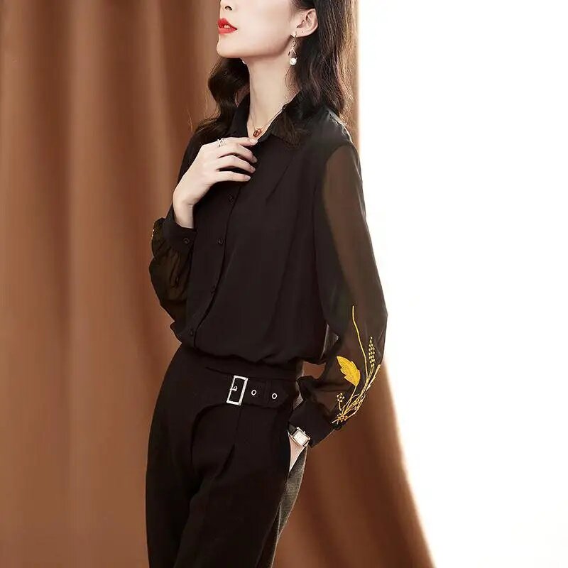 Camisa preta bordada em chiffon para mulheres, manga comprida, cardigã solto, camisas femininas finas, tops, primavera, outono, nova, 2024