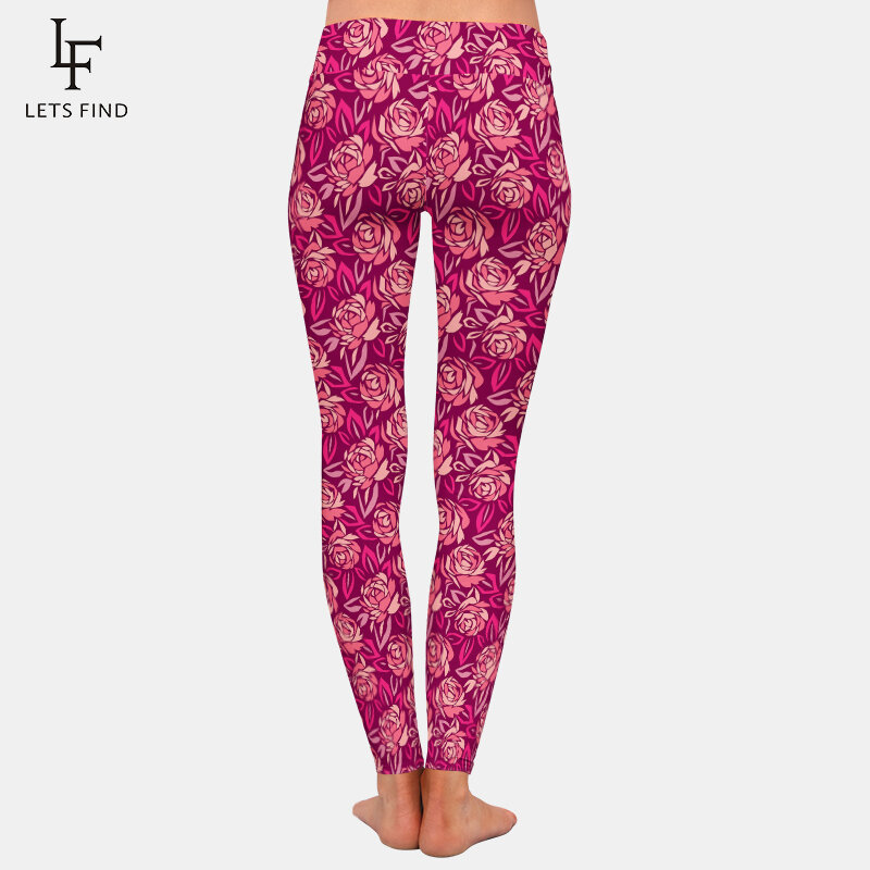 Letsfind novo abstrato rosa padrão de flor impressão leggings femininas cintura alta macio treino leggings