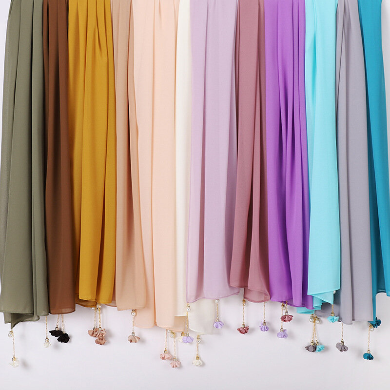 Новый мусульманский шифоновый хиджаб 70*175 см, шали, шарф, Женская однотонная головная повязка, шифоновая бижутерия с жемчугом, аксессуары, ук...