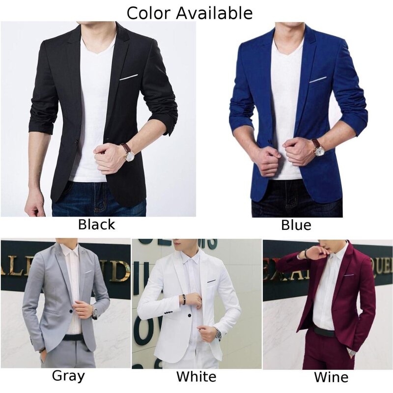 New Men's Casual Slim Fit Blazer Coat Jacket Tops, Formal Button Suit, Cotton Blends Fabric, Pick from Black/ Gray/ Wine/ Blue