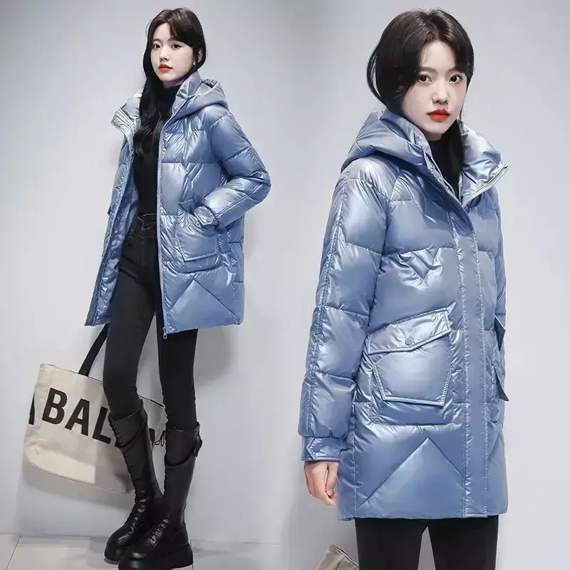 Jaket Parka wanita, atasan mantel panjang berkerudung katun tebal musim dingin 2023