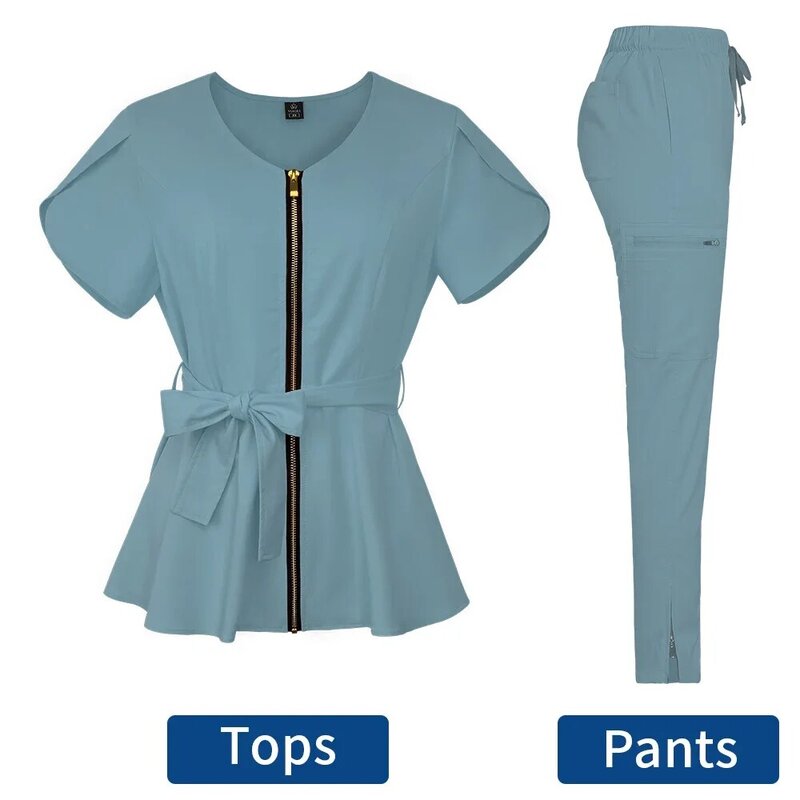 Seragam perawat pakaian kerja atasan Scrub + celana setelan warna polos seragam perawat lengan pendek blus saku pakaian kerja farmasi kedokteran gigi