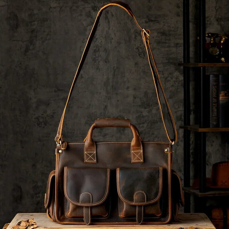 Vintage high quality crazy horse cowhide men's briefcase business travel luxury genuine leather handbag work messenger bag