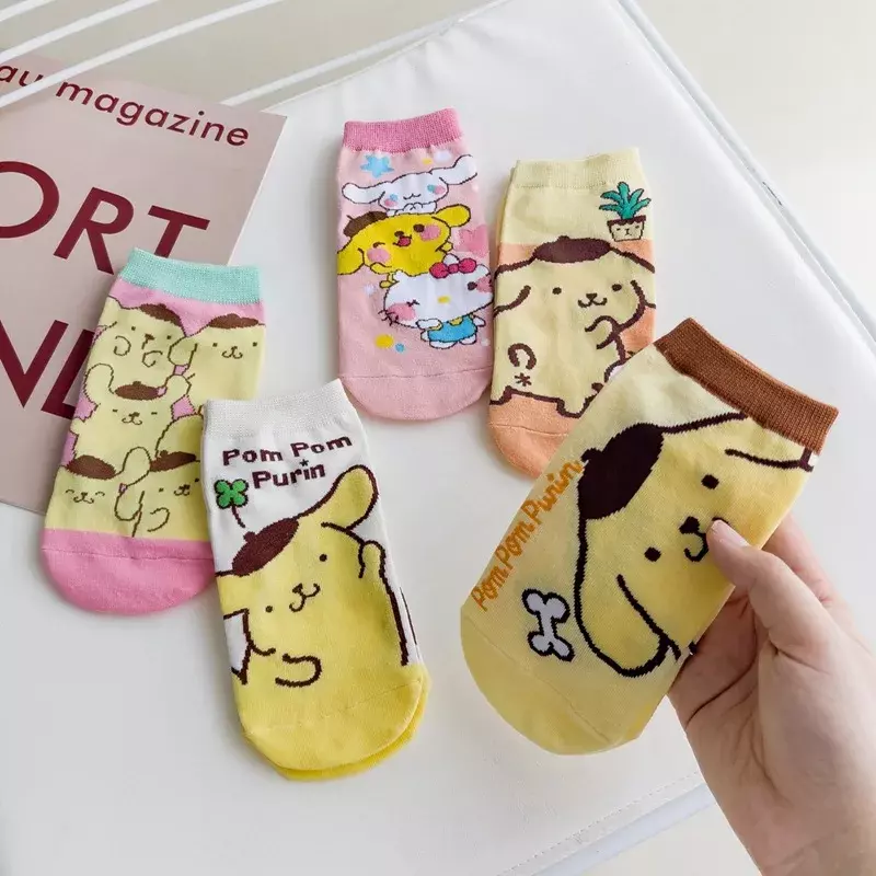 Sanrio-Calcetines cortos de dibujos animados Kawaii para niña, medias informales cómodas y transpirables de la serie pompurin, Anime, regalo para estudiantes