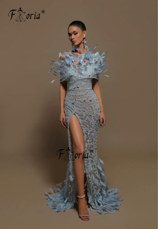 Elegant Blue ดูไบ Mermaid Evening Dresses Luxury 2023 Feathers ลูกปัดเสื้อลูกไม้ Longue Soirée Scoop คอ Largo Fiesta Noche