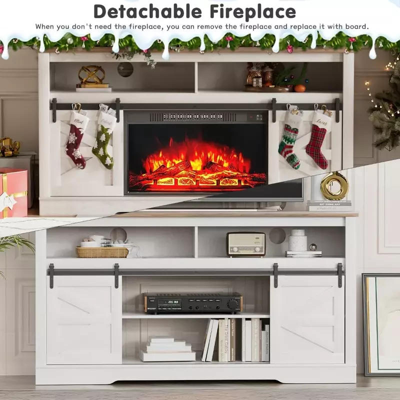 Fireplace TV Stand for Television up to 65+ Inch with Storage and Farmhouse Sliding Barn Doors, White