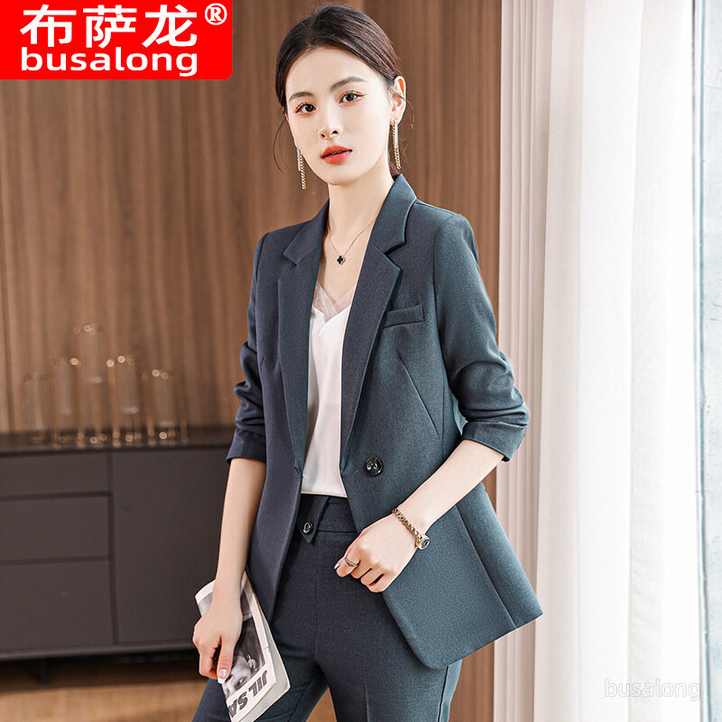 Серый деловой костюм с длинным рукавом для женщин, одежда для работы в офисном салоне, на весну и осень 2022