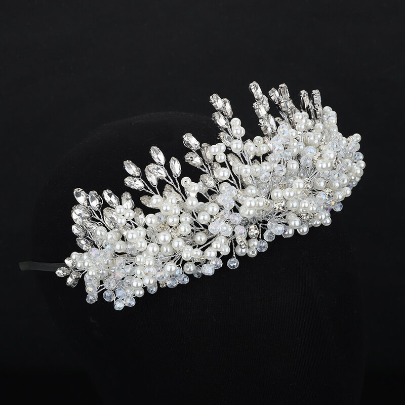 Silver Luxury Rhinestone Bridal Crown Trendy Pearl Crystal Diamonds Wedding Headband Hair Accessories Gold Handmade Headpiece