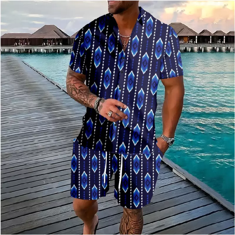 Hawaiian Aztec Elements Button Shirts Shorts Sets Colors Geometry Streetwear Beach Tracksuits Hip Hop Casual Mens Clothing