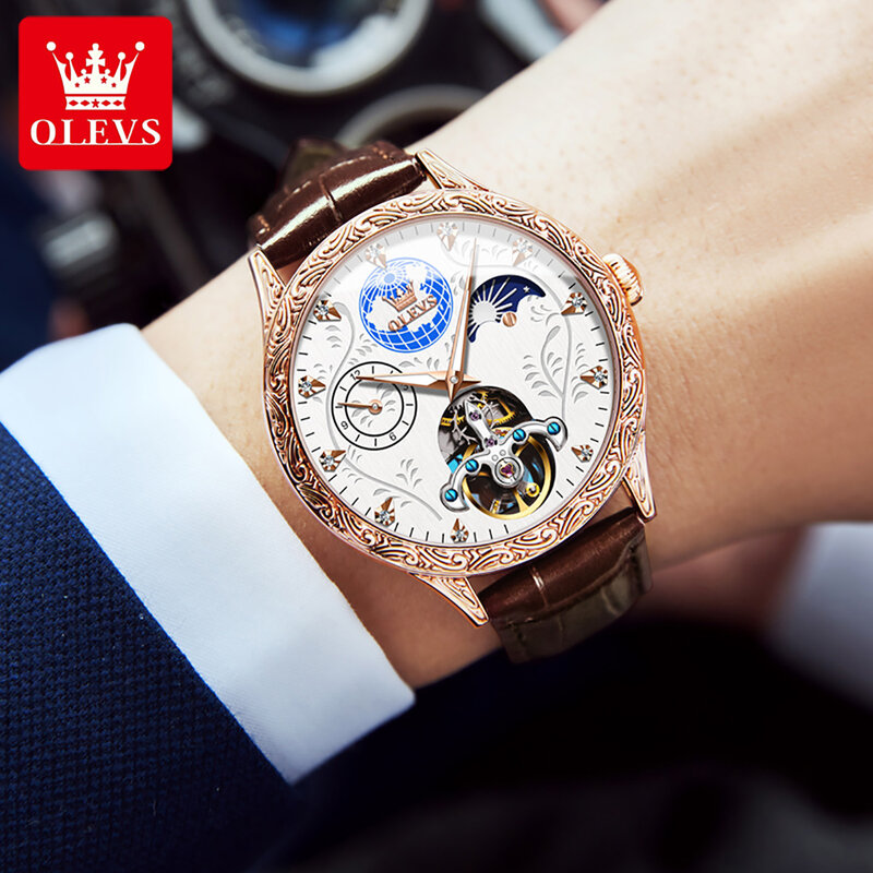 Olevs-男性用防水全自動機械式時計、高級質感の時計、月のフェーズ中空腕時計、発光ケース
