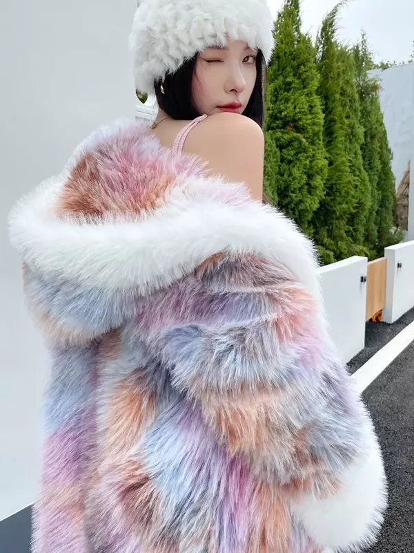 Jaqueta feminina colorida ecologicamente correta de pele longa solta estilo antigo chinês falso peludo, capa com capuz, casaco Toka manga comprida