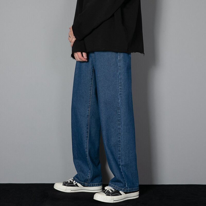 سروال جينز طويل غير رسمي للرجال كوري جديد لعام 2023 سروال جينز مستقيم للرجال من قماش الدنيم بأرجل واسعة لون سادة أزرق فاتح رمادي أسود 3XL