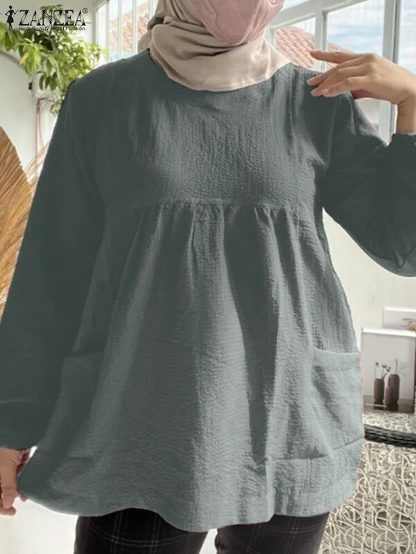 ZANZEA Vintage Autumn Muslim Tops Women Solid Blouse Casual Loose long Sleeve Shirt Dubai Turkey Abaya Islam Blusas Mujer Femme