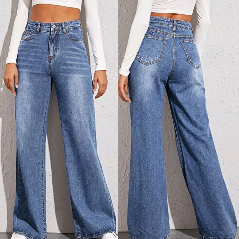 Синие джинсы для женщин, брюки с широкими штанинами, прямые длинные брюки, джинсовые брюки с высокой талией, свободные элегантные брюки Y2k, осень-весна 2024