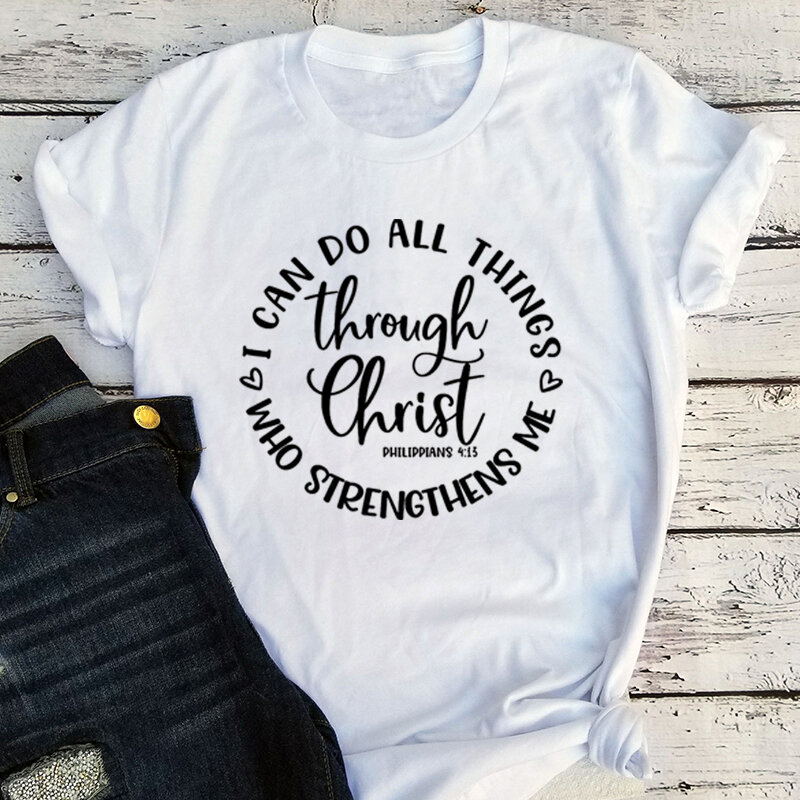 Camisetas de fe All Things a través de Cristo para mujer, ropa de mujer cristiana, camisetas gráficas de Dios, Top religioso