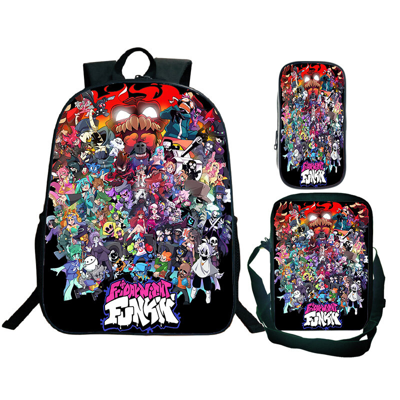Jogo Friday Night Funkin Print Backpack Set para crianças, mochilas escolares de grande capacidade para meninos e meninas, mochila de viagem, mochilas Anime, 3pcs