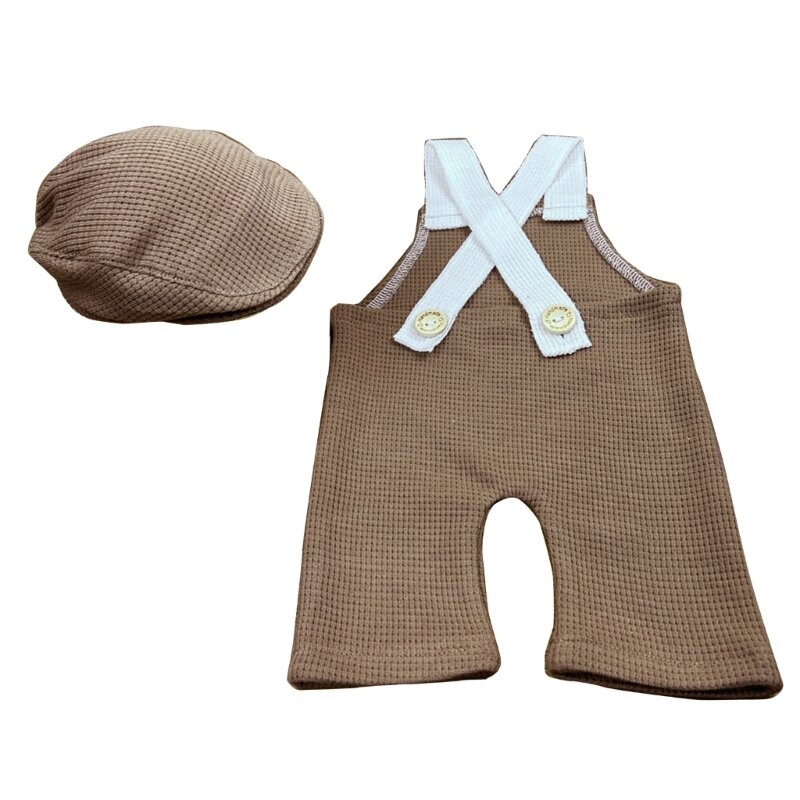 Stylish Newborn Baby Suspender Pants and Hat Set Back Strap Pants Suit and Matching Hat Perfect for Photoshoots