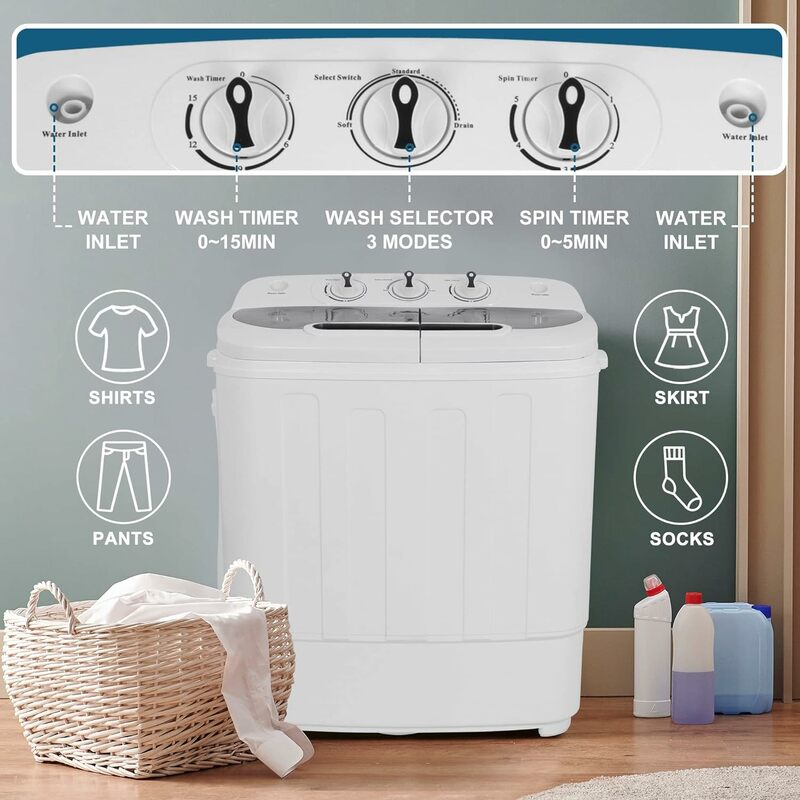Compact Mini Twin Tub Washing Machine 13lbs Capacity Portable Washer Wash and Spin Cycle Combo, Built-in Gravity Drain