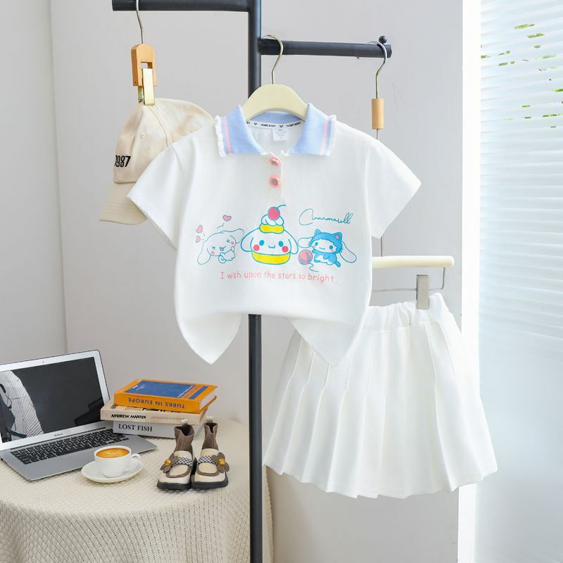 Sanrios My Melody Girls Jk Preppy Style Set Cinnamoroll Kuromi Kids Short Sleeve Pleated Skirt Two-Piece Summer Kids Clothes New